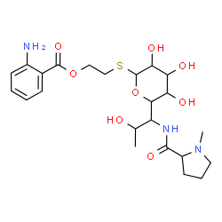 ChemSpider 2D Image | 2-[(5-{2-Hydroxy-1-[(1-methylprolyl)amino]propyl}pentopyranosyl)thio]ethyl 2-aminobenzoate | C23H35N3O8S