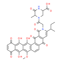 ChemSpider 2D Image | 4-[(3-sec-Butyl-9,14,15-trihydroxy-8-methoxy-1,5,10,13,16-pentaoxo-5,10,13,16-tetrahydrotetraceno[2,1-g]isoquinolin-2(1H)-yl)acetyl]-5-methyl-6-oxo-2-piperazinecarboxylic acid | C38H31N3O13