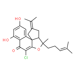 ChemSpider 2D Image | 6-Chloro-8,10-dihydroxy-2-isopropylidene-4-methyl-4-(4-methyl-3-penten-1-yl)-2,3,3a,4-tetrahydro-1H,7H-cyclopenta[c]naphtho[2,1-b]furan-7-one | C25H29ClO4