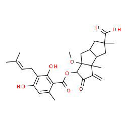 ChemSpider 2D Image | 6-{[2,4-Dihydroxy-6-methyl-3-(3-methyl-2-buten-1-yl)benzoyl]oxy}-6a-methoxy-2,3b-dimethyl-4-methylene-5-oxodecahydro-1H-cyclopenta[a]pentalene-2-carboxylic acid | C29H36O8