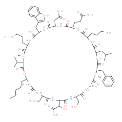 ChemSpider 2D Image | 3-[33-(2-Amino-1-hydroxy-2-oxoethyl)-12-(2-amino-2-oxoethyl)-6,18-bis(3-aminopropyl)-24-benzyl-30,36-bis(hydroxymethyl)-9-(1H-indol-3-ylmethyl)-21-isobutyl-3-isopropyl-4,25-dimethyl-2,5,8,11,14,17,20,
23,26,29,32,35,38-tridecaoxo-40-pentyl-1-oxa-4,7,10,13,16,19,22,25,28,31,34,37-dodecaazacyclotetracontan-15-yl]propanoic acid | C72H109N17O21