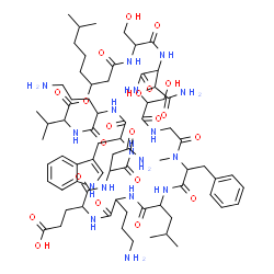 ChemSpider 2D Image | 3-[33-(2-Amino-1-hydroxy-2-oxoethyl)-12-(2-amino-2-oxoethyl)-6,18-bis(3-aminopropyl)-24-benzyl-30,36-bis(hydroxymethyl)-9-(1H-indol-3-ylmethyl)-21-isobutyl-3-isopropyl-25-methyl-40-(4-methylpentyl)-2,
5,8,11,14,17,20,23,26,29,32,35,38-tridecaoxo-1-oxa-4,7,10,13,16,19,22,25,28,31,34,37-dodecaazacyclotetracontan-15-yl]propanoic acid | C72H109N17O21