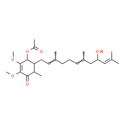 ChemSpider 2D Image | 6-[(2E,6E)-9-Hydroxy-3,7,11-trimethyl-2,6,10-dodecatrien-1-yl]-2,3-dimethoxy-5-methyl-4-oxo-2-cyclohexen-1-yl acetate | C26H40O6