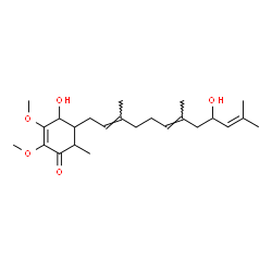 ChemSpider 2D Image | 4-Hydroxy-5-[(2E,6E)-9-hydroxy-3,7,11-trimethyl-2,6,10-dodecatrien-1-yl]-2,3-dimethoxy-6-methyl-2-cyclohexen-1-one | C24H38O5