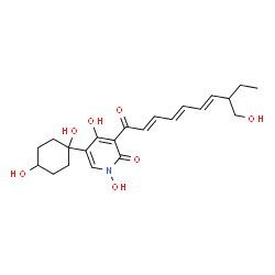 ChemSpider 2D Image | 5-(1,4-Dihydroxycyclohexyl)-1,4-dihydroxy-3-[(2E,4E,6E)-8-(hydroxymethyl)-2,4,6-decatrienoyl]-2(1H)-pyridinone | C22H29NO7
