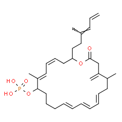 ChemSpider 2D Image | (4Z,6E,12E,14E,16E)-7,19-Dimethyl-20-methylene-2-[(3E)-3-methyl-3,5-hexadien-1-yl]-22-oxooxacyclodocosa-4,6,12,14,16-pentaen-8-yl dihydrogen phosphate | C31H45O6P