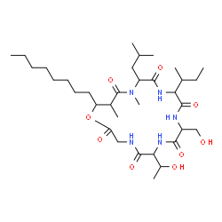 ChemSpider 2D Image | 12-sec-Butyl-6-(1-hydroxyethyl)-9-(hydroxymethyl)-15-isobutyl-16,18-dimethyl-19-octyl-1-oxa-4,7,10,13,16-pentaazacyclononadecane-2,5,8,11,14,17-hexone | C34H61N5O9