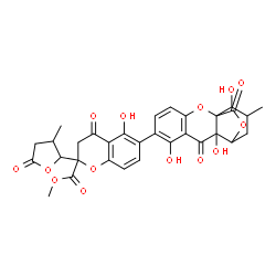 ChemSpider 2D Image | Methyl 5-hydroxy-2-(3-methyl-5-oxotetrahydro-2-furanyl)-4-oxo-6-(7,10,14-trihydroxy-13-methyl-9,15-dioxo-2,16-dioxatetracyclo[9.3.2.0~1,10~.0~3,8~]hexadeca-3,5,7-trien-6-yl)-2-chromanecarboxylate | C31H28O14
