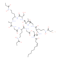 ChemSpider 2D Image | Iron(3+) {[(12S,18S,21R,30S)-30-[(3Z)-3-decenoylamino]-18-(hydroxymethyl)-21-isopropyl-12-methyl-2,5,8,11,17,20,23,26,29-nonaoxo-1-oxa-4,7,10,13,16,19,22,25,28-nonaazacyclohentriacontane-6,15,27-triyl
]tris[3,1-propanediyl(propionylimino)]}trioxidanide | C54H90FeN13O18