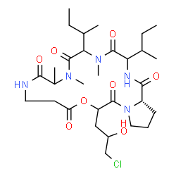 ChemSpider 2D Image | (21aS)-3,6-Di-sec-butyl-16-(3-chloro-2-hydroxypropyl)-5,8,9-trimethyldodecahydropyrrolo[1,2-d][1,4,7,10,13,16]oxapentaazacyclononadecine-1,4,7,10,14,17(11H,16H)-hexone | C30H50ClN5O8