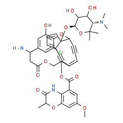 ChemSpider 2D Image | 7-Amino-4-chloro-20-{[(2S,5S)-5-(dimethylamino)-3,4-dihydroxy-6,6-dimethyltetrahydro-2H-pyran-2-yl]oxy}-25-hydroxy-9-oxo-2,10-dioxatetracyclo[11.7.3.2~3,6~.0~16,20~]pentacosa-3,5,13(23),16,18,24-hexae
ne-14,21-diyn-12-yl 7-methoxy-2-methyl-3-oxo-3,4-dihydro-2H-1,4-benzoxazine-5-carboxylate (non-preferred name) | C43H44ClN3O13