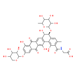 ChemSpider 2D Image | [({(5S,6S)-1,6,9,14-Tetrahydroxy-3-methyl-8,13-dioxo-5-[(3,4,5-trihydroxy-6-methyltetrahydro-2H-pyran-2-yl)oxy]-11-[(3,4,5-trihydroxytetrahydro-2H-pyran-2-yl)oxy]-5,6,8,13-tetrahydrobenzo[a]tetracen-2
-yl}carbonyl)amino]acetic acid (non-preferred name) | C37H37NO19