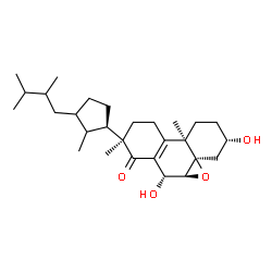 ChemSpider 2D Image | (3S,4aR,5aS,6R,8R,10bR)-8-[(1R)-3-(2,3-Dimethylbutyl)-2-methylcyclopentyl]-3,6-dihydroxy-8,10b-dimethyl-1,3,4,6,8,9,10,10b-octahydro-2H-phenanthro[8a,9-b]oxiren-7(5aH)-one | C28H44O4