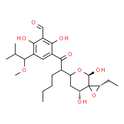ChemSpider 2D Image | 3-{2-[(2S,4R,8R)-2-Ethyl-4,8-dihydroxy-1,5-dioxaspiro[2.5]oct-6-yl]hexanoyl}-2,6-dihydroxy-5-(1-methoxy-2-methylpropyl)benzaldehyde | C26H38O9