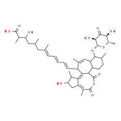 ChemSpider 2D Image | (7E,9E,11E)-12-{(4Z,7aZ)-11-[(6-Deoxy-beta-L-ribo-hexopyranosyl-3-ulose)oxy]-6-hydroxy-4,7,9,12-tetramethyl-1,3-dioxo-3,5,6,7,8,10a,11,12,13,14,14a,14b-dodecahydro-1H-benzo[6,7]cyclohepta[1,2-c]cyclop
enta[e]oxocin-8-yl}-3-hydroxy-2,5,7-trimethyl-7,9,11-dodecatrienoic acid | C44H60O12