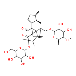 ChemSpider 2D Image | 1-O-{[(4R,5R,8R)-2-{[(6-Deoxy-4-O-methylhexopyranosyl)oxy]methyl}-9-formyl-13-isopropyl-5-methyltetracyclo[7.4.0.0~2,11~.0~4,8~]tridec-12-en-1-yl]carbonyl}hexopyranose | C33H50O13