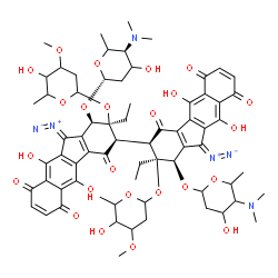 ChemSpider 2D Image | (1R,1'R,2S,2'S,3R,3'R)-11,11'-Bis(diazo)-2,2'-bis[(2,6-dideoxy-3-O-methylhexopyranosyl)oxy]-2,2'-diethyl-5,5',10,10'-tetrahydroxy-4,4',6,6',9,9'-hexaoxo-1'-{[2,4,6-trideoxy-4-(dimethylamino)hexopyrano
syl]oxy}-2,2',3,3',4,4',6,6',9,9',11,11'-dodecahydro-1H,1'H-3,3'-bibenzo[b]fluoren-1-yl 2,4,6-trideoxy-4-(dimethylamino)-beta-D-glycero-hexopyranoside | C68H80N6O24