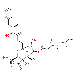 ChemSpider 2D Image | (1S,3S,4S,5R,6R,7R)-4,7-Dihydroxy-6-[(3-hydroxy-4,6-dimethyloctanoyl)oxy]-1-[(4S,5R)-4-hydroxy-5-methyl-3-methylene-6-phenylhexyl]-2,8-dioxabicyclo[3.2.1]octane-3,4,5-tricarboxylic acid (non-preferred
 name) | C33H46O14