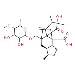 ChemSpider 2D Image | (4R,5R,8R)-2-{[(6-Deoxy-4-O-methylhexopyranosyl)oxy]methyl}-13-isopropyl-5-methyltetracyclo[7.4.0.0~2,11~.0~4,8~]tridec-12-ene-1,9-dicarboxylic acid | C27H40O9