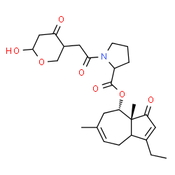 ChemSpider 2D Image | (3aR,4S)-1-Ethyl-3a,6-dimethyl-3-oxo-3,3a,4,5,8,8a-hexahydro-4-azulenyl 1-[(6-hydroxy-4-oxotetrahydro-2H-pyran-3-yl)acetyl]prolinate | C26H35NO7