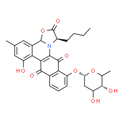 ChemSpider 2D Image | (1R)-1-Butyl-7-hydroxy-5-methyl-2,8,13-trioxo-1,2,8,13-tetrahydro-3aH-benzo[b][1,3]oxazolo[3,2-f]phenanthridin-12-yl 2,6-dideoxy-alpha-L-glycero-hexopyranoside | C30H31NO9