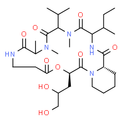 ChemSpider 2D Image | (16R,22aS)-3-sec-Butyl-16-(2,3-dihydroxypropyl)-6-isopropyl-5,8,9-trimethyldecahydro-2H-pyrido[1,2-d][1,4,7,10,13,16]oxapentaazacyclononadecine-1,4,7,10,14,17(3H,11H,16H,19H)-hexone | C30H51N5O9