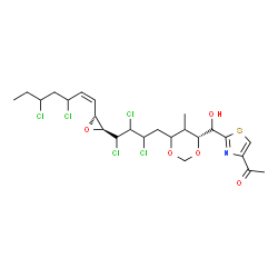 ChemSpider 2D Image | 1-{2-[(R)-Hydroxy{(4R)-5-methyl-6-[(4R)-2,3,4-trichloro-4-{(2S,3R)-3-[(1Z)-3,5-dichloro-1-hepten-1-yl]-2-oxiranyl}butyl]-1,3-dioxan-4-yl}methyl]-1,3-thiazol-4-yl}ethanone | C24H32Cl5NO5S