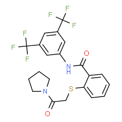 ChemSpider 2D Image | N-[3,5-Bis(trifluoromethyl)phenyl]-2-{[2-oxo-2-(1-pyrrolidinyl)ethyl]sulfanyl}benzamide | C21H18F6N2O2S