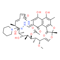 ChemSpider 2D Image | (7S,9E,11S,12R,13S,14R,15R,16R,17S,18S,26E)-2,15,17,29-Tetrahydroxy-11-methoxy-3,7,12,14,16,18,22-heptamethyl-6,23,27-trioxo-26-{[(2E)-2-(1-piperidinylmethylene)hydrazino]methylene}-8,30-dioxa-24-azat
etracyclo[23.3.1.1~4,7~.0~5,28~]triaconta-1(28),2,4,9,19,21,25(29)-heptaen-13-yl acetate | C44H58N4O12