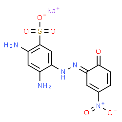 ChemSpider 2D Image | Sodium 2,4-diamino-5-[(2E)-2-(3-nitro-6-oxo-2,4-cyclohexadien-1-ylidene)hydrazino]benzenesulfonate | C12H10N5NaO6S