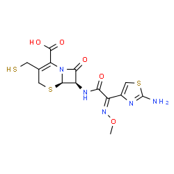 ChemSpider 2D Image | (6R,7R)-7-{[(2E)-2-(2-Amino-1,3-thiazol-4-yl)-2-(methoxyimino)acetyl]amino}-8-oxo-3-(sulfanylmethyl)-5-thia-1-azabicyclo[4.2.0]oct-2-ene-2-carboxylic acid | C14H15N5O5S3