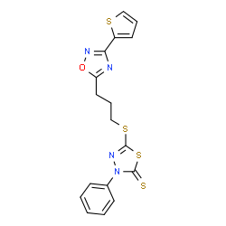 ChemSpider 2D Image | 3-Phenyl-5-({3-[3-(2-thienyl)-1,2,4-oxadiazol-5-yl]propyl}sulfanyl)-1,3,4-thiadiazole-2(3H)-thione | C17H14N4OS4