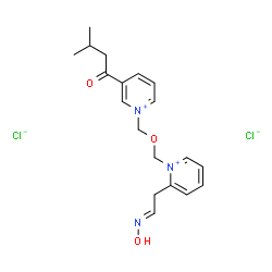 ChemSpider 2D Image | 2-[(2E)-2-(Hydroxyimino)ethyl]-1-({[3-(3-methylbutanoyl)-1-pyridiniumyl]methoxy}methyl)pyridinium dichloride | C19H25Cl2N3O3