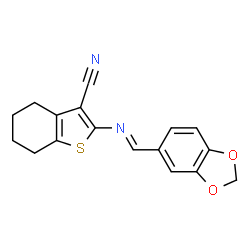 ChemSpider 2D Image | 2-[(E)-(1,3-Benzodioxol-5-ylmethylene)amino]-4,5,6,7-tetrahydro-1-benzothiophene-3-carbonitrile | C17H14N2O2S