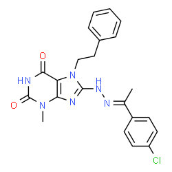 ChemSpider 2D Image | 8-{(2E)-2-[1-(4-Chlorophenyl)ethylidene]hydrazino}-3-methyl-7-(2-phenylethyl)-3,7-dihydro-1H-purine-2,6-dione | C22H21ClN6O2