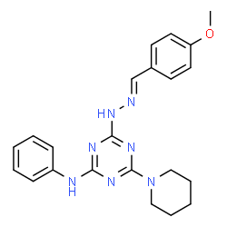 ChemSpider 2D Image | 4-[(2E)-2-(4-Methoxybenzylidene)hydrazino]-N-phenyl-6-(1-piperidinyl)-1,3,5-triazin-2-amine | C22H25N7O