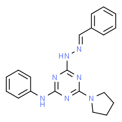 ChemSpider 2D Image | 4-[(2E)-2-Benzylidenehydrazino]-N-phenyl-6-(1-pyrrolidinyl)-1,3,5-triazin-2-amine | C20H21N7