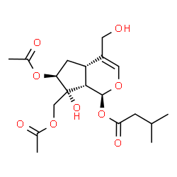ChemSpider 2D Image | (1S,4aS,6S,7R,7aS)-6-Acetoxy-7-(acetoxymethyl)-7-hydroxy-4-(hydroxymethyl)-1,4a,5,6,7,7a-hexahydrocyclopenta[c]pyran-1-yl 3-methylbutanoate | C19H28O9