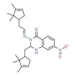 ChemSpider 2D Image | 7-Nitro-3-{(E)-[2-(2,2,3-trimethyl-3-cyclopenten-1-yl)ethylidene]amino}-2-[(2,2,3-trimethyl-3-cyclopenten-1-yl)methyl]-2,3-dihydro-4(1H)-quinazolinone | C27H36N4O3