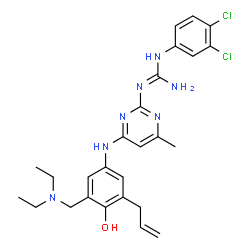 ChemSpider 2D Image | 2-[4-({3-Allyl-5-[(diethylamino)methyl]-4-hydroxyphenyl}amino)-6-methyl-2-pyrimidinyl]-1-(3,4-dichlorophenyl)guanidine | C26H31Cl2N7O