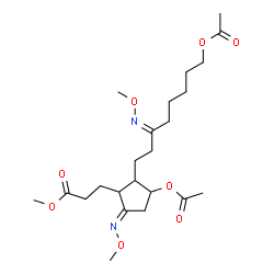 ChemSpider 2D Image | Methyl 3-[(5E)-3-acetoxy-2-[(3E)-8-acetoxy-3-(methoxyimino)octyl]-5-(methoxyimino)cyclopentyl]propanoate | C23H38N2O8