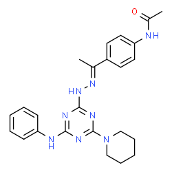 ChemSpider 2D Image | N-(4-{(1E)-N-[4-Anilino-6-(1-piperidinyl)-1,3,5-triazin-2-yl]ethanehydrazonoyl}phenyl)acetamide | C24H28N8O