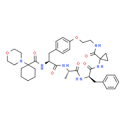 ChemSpider 2D Image | N-[(10R,13S,16S)-10-Benzyl-13-methyl-6,9,12,15-tetraoxo-2-oxa-5,8,11,14-tetraazaspiro[bicyclo[16.2.2]docosane-7,1'-cyclopropane]-1(20),18,21-trien-16-yl]-1-(4-morpholinyl)cyclohexanecarboxamide | C38H50N6O7