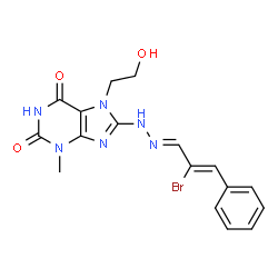 ChemSpider 2D Image | 8-{(2E)-2-[(2Z)-2-Bromo-3-phenyl-2-propen-1-ylidene]hydrazino}-7-(2-hydroxyethyl)-3-methyl-3,7-dihydro-1H-purine-2,6-dione | C17H17BrN6O3
