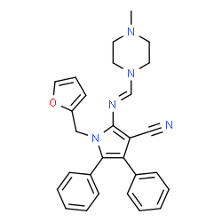 ChemSpider 2D Image | 1-(2-Furylmethyl)-2-{(E)-[(4-methyl-1-piperazinyl)methylene]amino}-4,5-diphenyl-1H-pyrrole-3-carbonitrile | C28H27N5O
