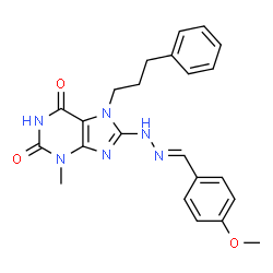 ChemSpider 2D Image | 8-[(2E)-2-(4-Methoxybenzylidene)hydrazino]-3-methyl-7-(3-phenylpropyl)-3,7-dihydro-1H-purine-2,6-dione | C23H24N6O3