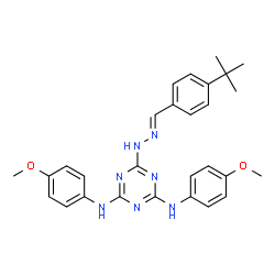 ChemSpider 2D Image | 6-[(2E)-2-(4-tert-Butylbenzylidene)hydrazino]-N,N'-bis(4-methoxyphenyl)-1,3,5-triazine-2,4-diamine | C28H31N7O2