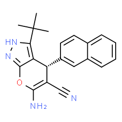 ChemSpider 2D Image | (4R)-6-Amino-3-(2-methyl-2-propanyl)-4-(2-naphthyl)-2,4-dihydropyrano[2,3-c]pyrazole-5-carbonitrile | C21H20N4O