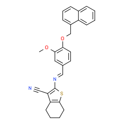 ChemSpider 2D Image | 2-{(E)-[3-Methoxy-4-(1-naphthylmethoxy)benzylidene]amino}-4,5,6,7-tetrahydro-1-benzothiophene-3-carbonitrile | C28H24N2O2S