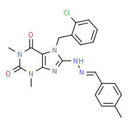 ChemSpider 2D Image | 7-(2-Chlorobenzyl)-1,3-dimethyl-8-[(2E)-2-(4-methylbenzylidene)hydrazino]-3,7-dihydro-1H-purine-2,6-dione | C22H21ClN6O2